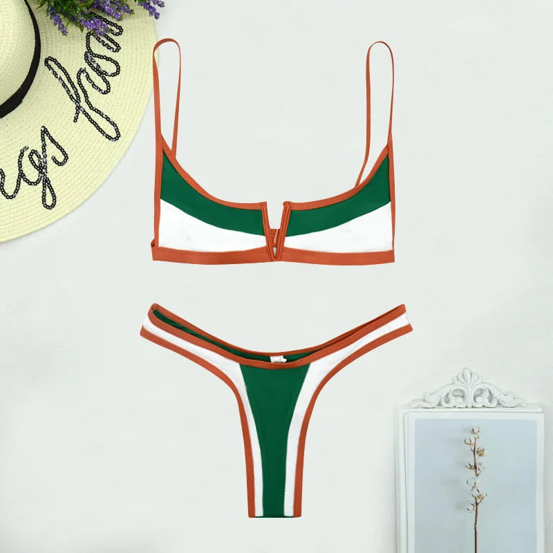 V-Shape Splicing Thong Bikini | Bold Color-Block Swimwear That Turns Heads
