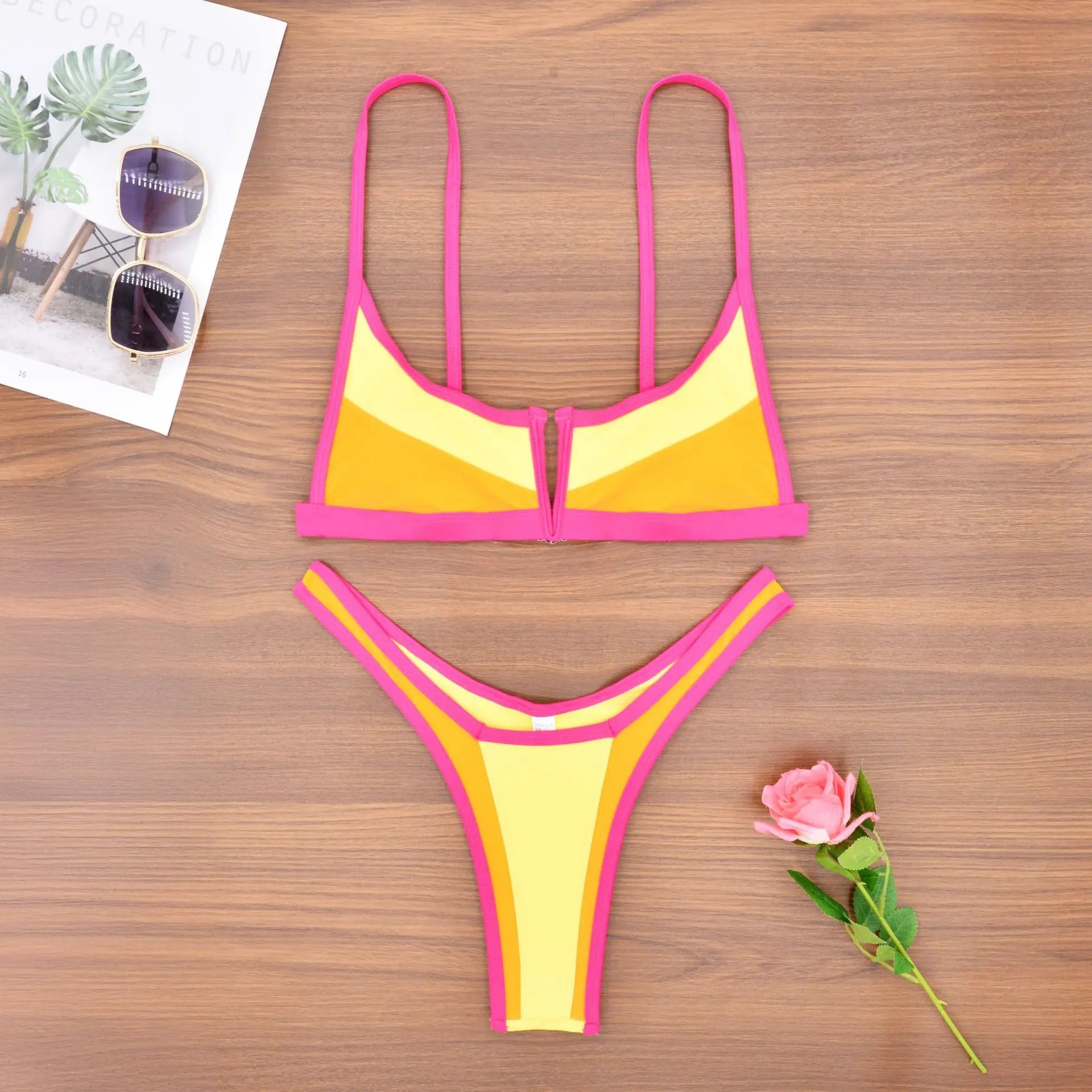 V-Shape Splicing Thong Bikini | Bold Color-Block Swimwear That Turns Heads