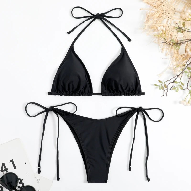 Solid Color Halter Tie Bikini Set | Sleek, Adjustable &amp; Effortlessly Flattering