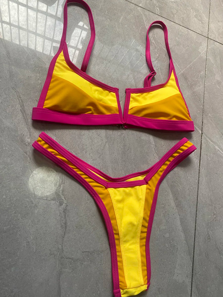 V-Shape Splicing Thong Bikini | Bold Color-Block Swimwear That Turns Heads