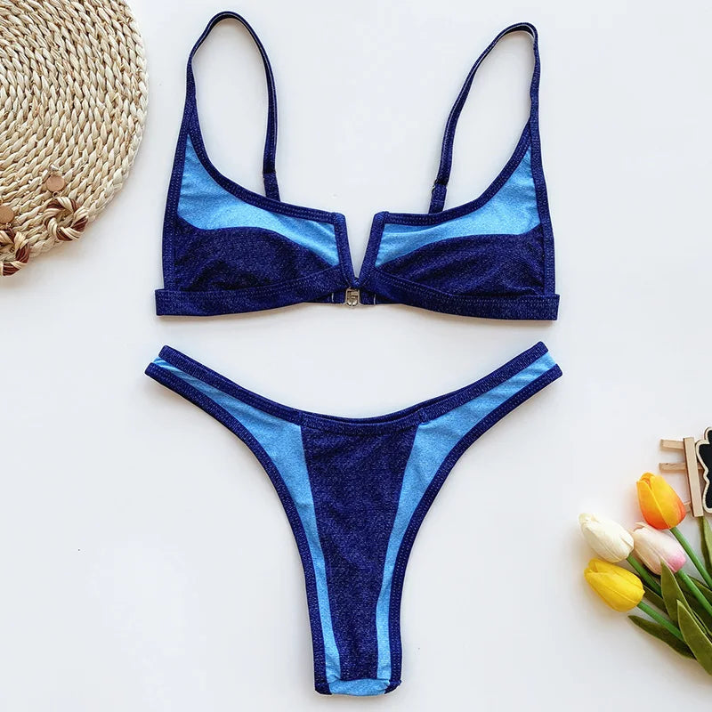 V-Shape Splicing Thong Bikini | Bold Color-Block Swimwear That Turns Heads