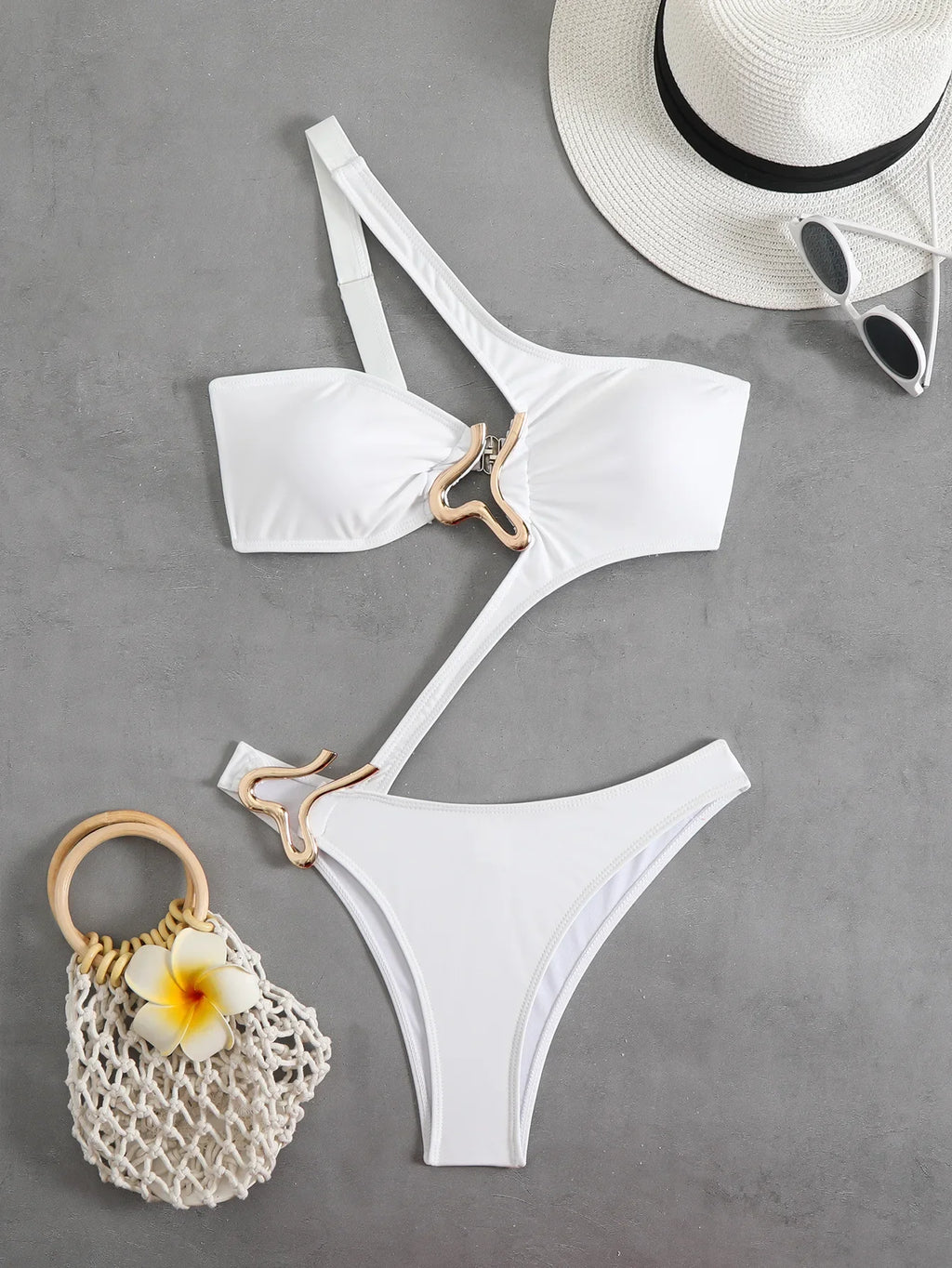 Sexy Hollow Out One-Shoulder Metal Bikini | Architectural Swimwear for the Bold Woman