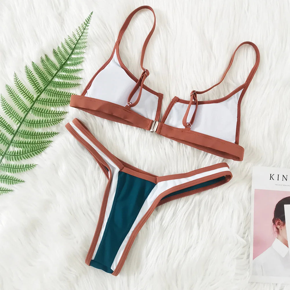 V-Shape Splicing Thong Bikini | Bold Color-Block Swimwear That Turns Heads