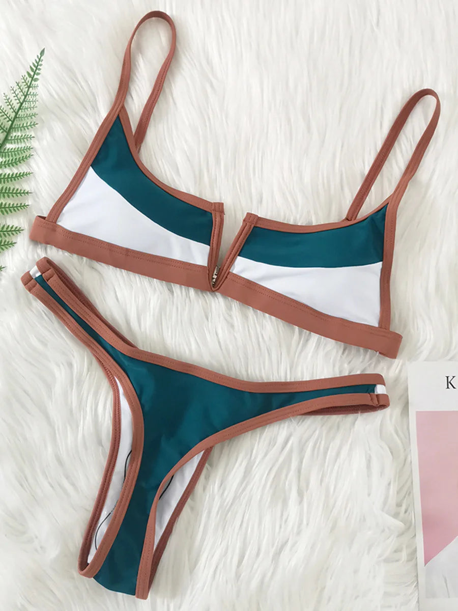 V-Shape Splicing Thong Bikini | Bold Color-Block Swimwear That Turns Heads