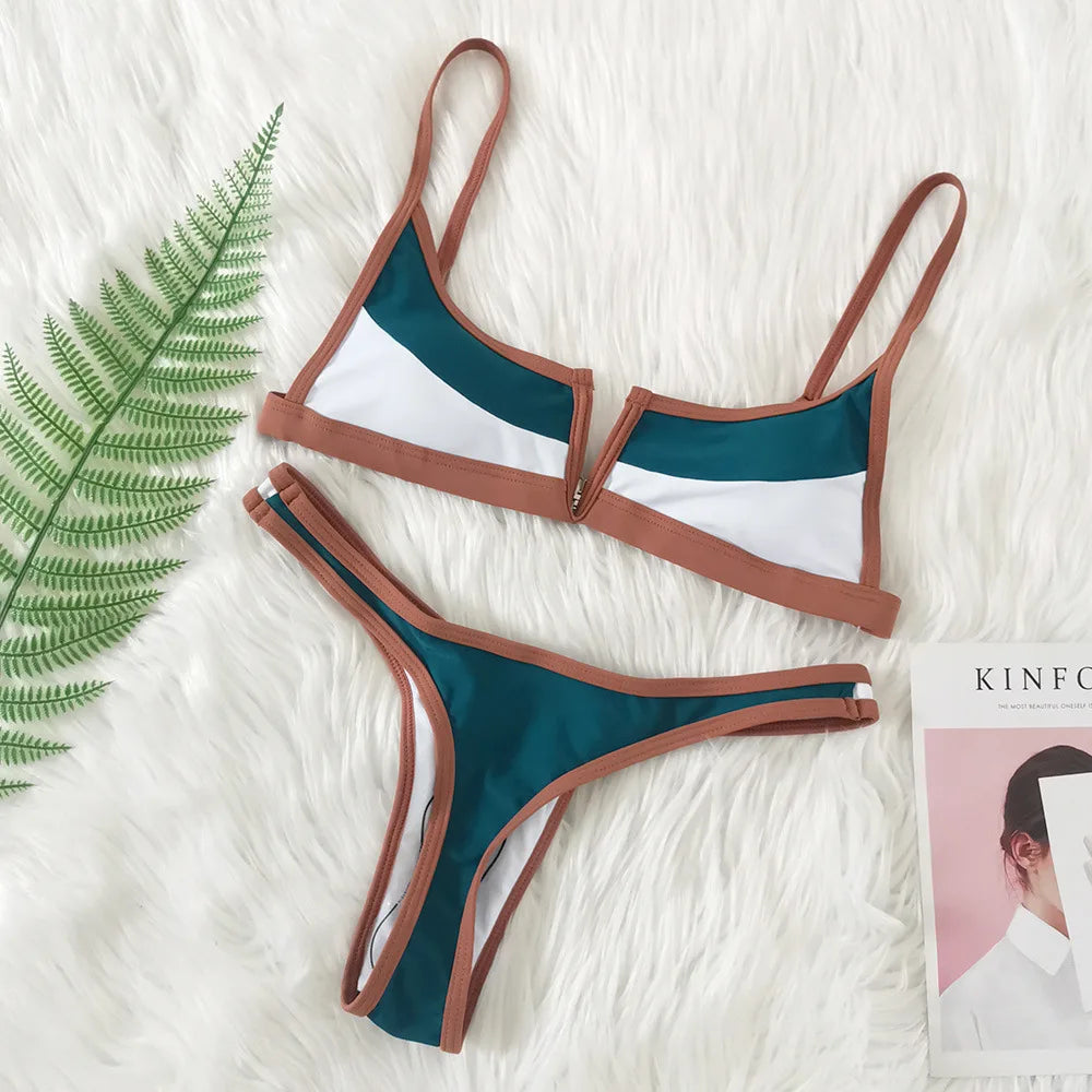 V-Shape Splicing Thong Bikini | Bold Color-Block Swimwear That Turns Heads