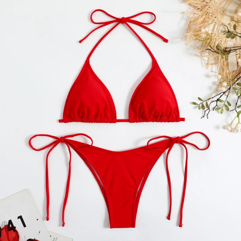 Solid Color Halter Tie Bikini Set | Sleek, Adjustable &amp; Effortlessly Flattering