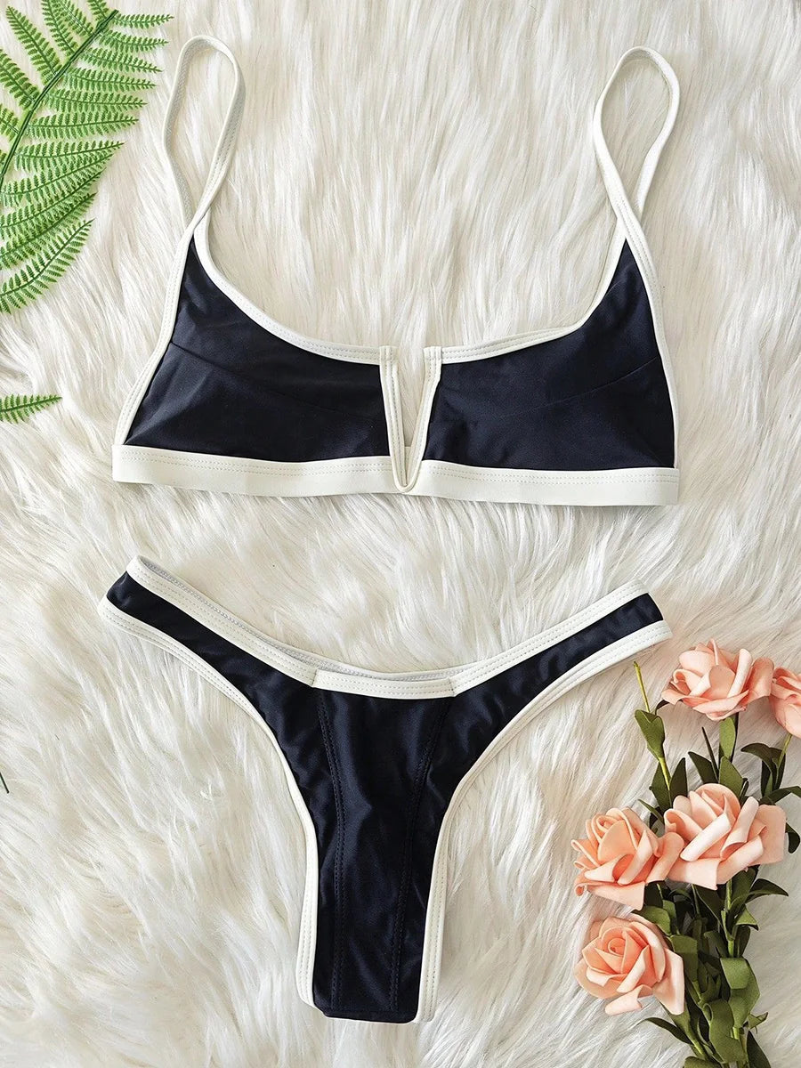 V-Shape Splicing Thong Bikini | Bold Color-Block Swimwear That Turns Heads