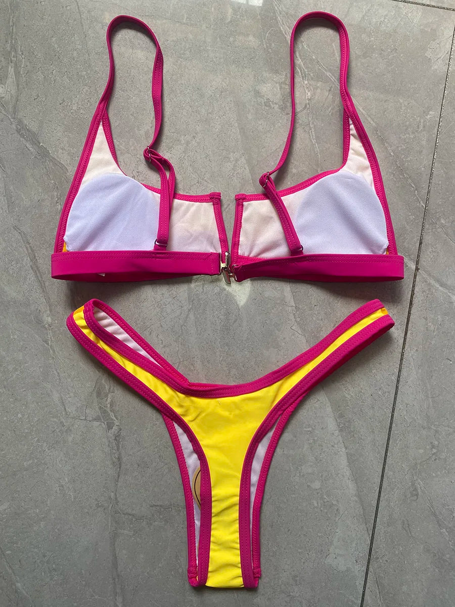 V-Shape Splicing Thong Bikini | Bold Color-Block Swimwear That Turns Heads