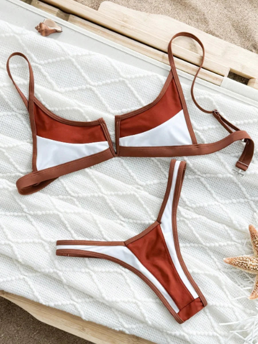 V-Shape Splicing Thong Bikini | Bold Color-Block Swimwear That Turns Heads