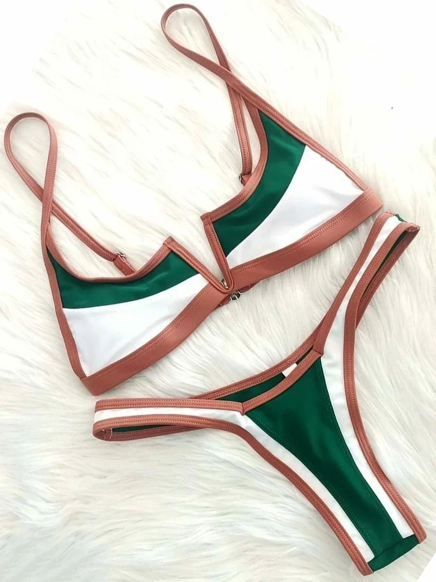 V-Shape Splicing Thong Bikini | Bold Color-Block Swimwear That Turns Heads