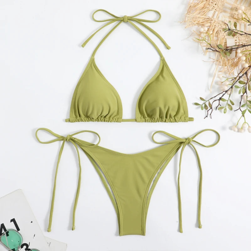 Solid Color Halter Tie Bikini Set | Sleek, Adjustable &amp; Effortlessly Flattering