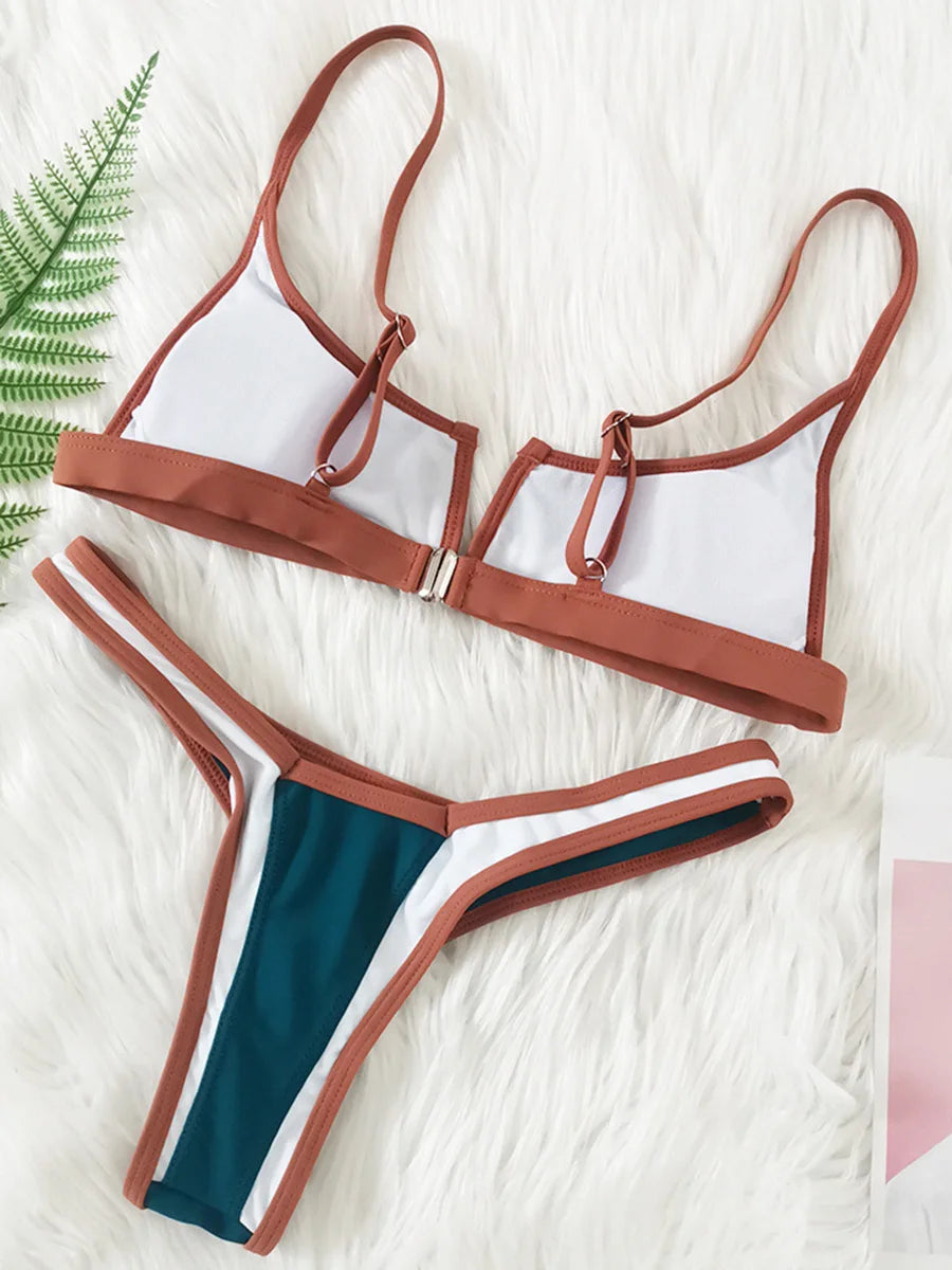 V-Shape Splicing Thong Bikini | Bold Color-Block Swimwear That Turns Heads