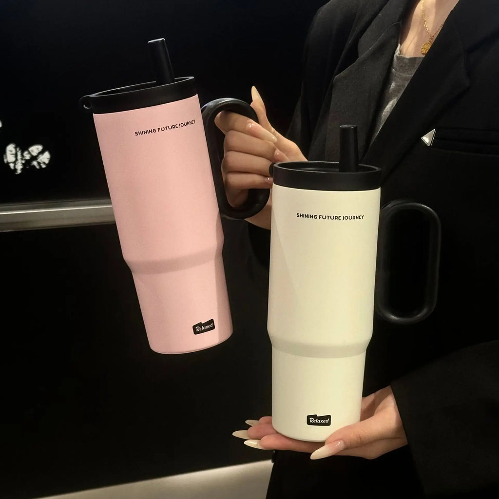 720ML Stainless Steel Thermos Cup With Handle &amp; Straw | Your Cold Coffee Stays Cold All Day
