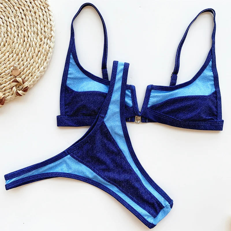 V-Shape Splicing Thong Bikini | Bold Color-Block Swimwear That Turns Heads
