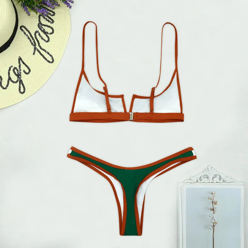 V-Shape Splicing Thong Bikini | Bold Color-Block Swimwear That Turns Heads