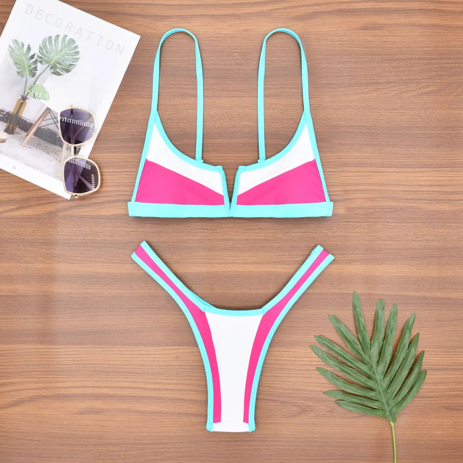 V-Shape Splicing Thong Bikini | Bold Color-Block Swimwear That Turns Heads