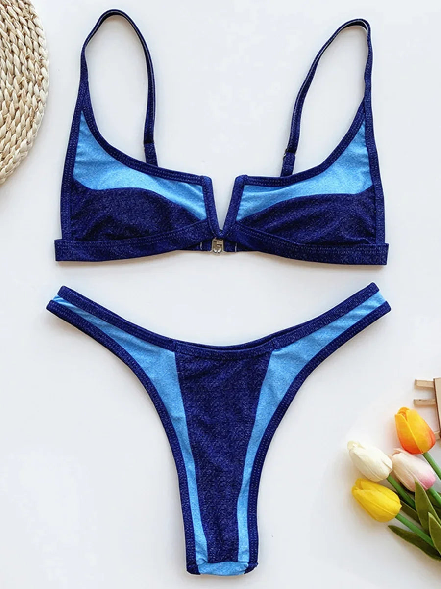 V-Shape Splicing Thong Bikini | Bold Color-Block Swimwear That Turns Heads