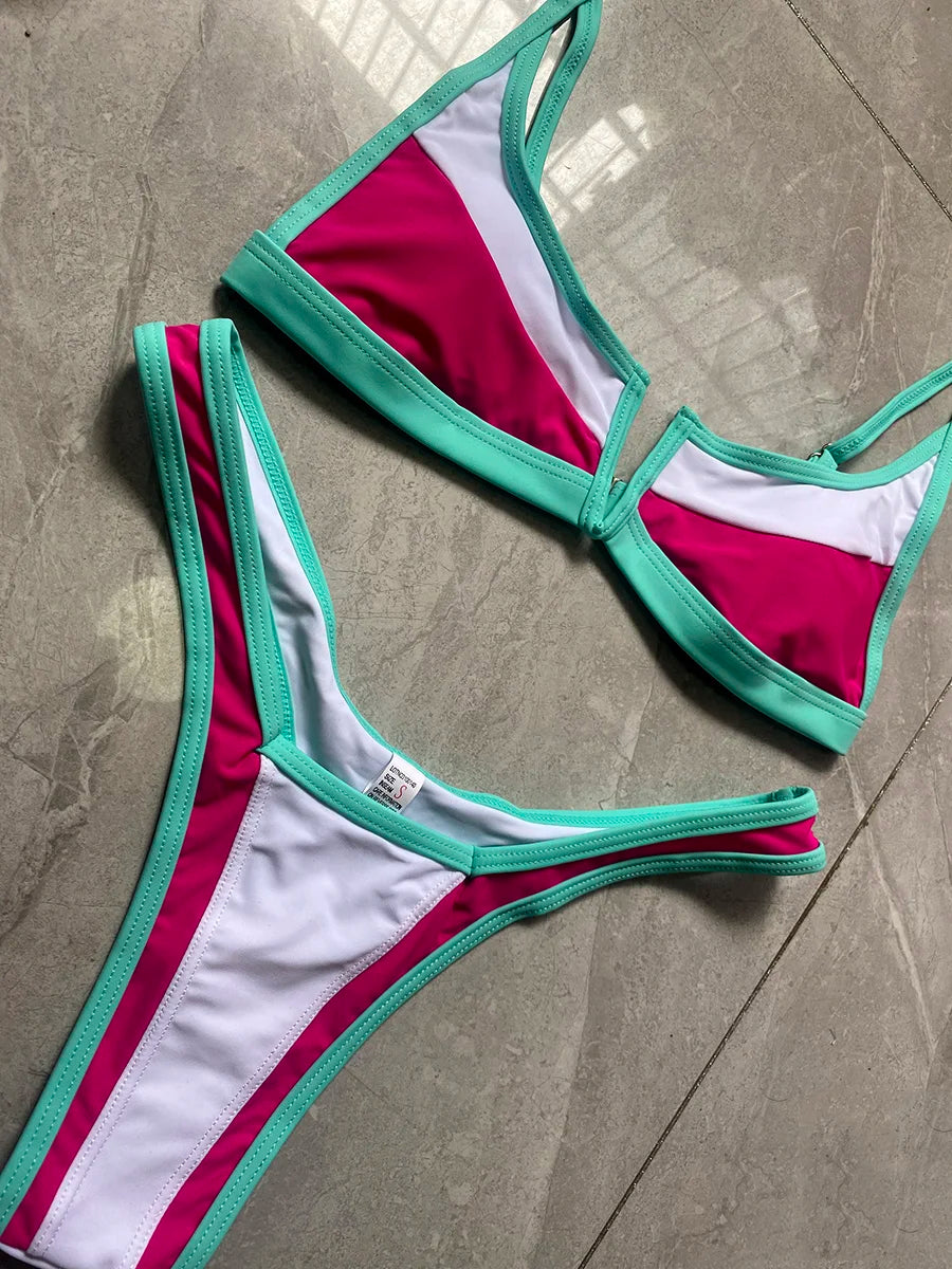 V-Shape Splicing Thong Bikini | Bold Color-Block Swimwear That Turns Heads