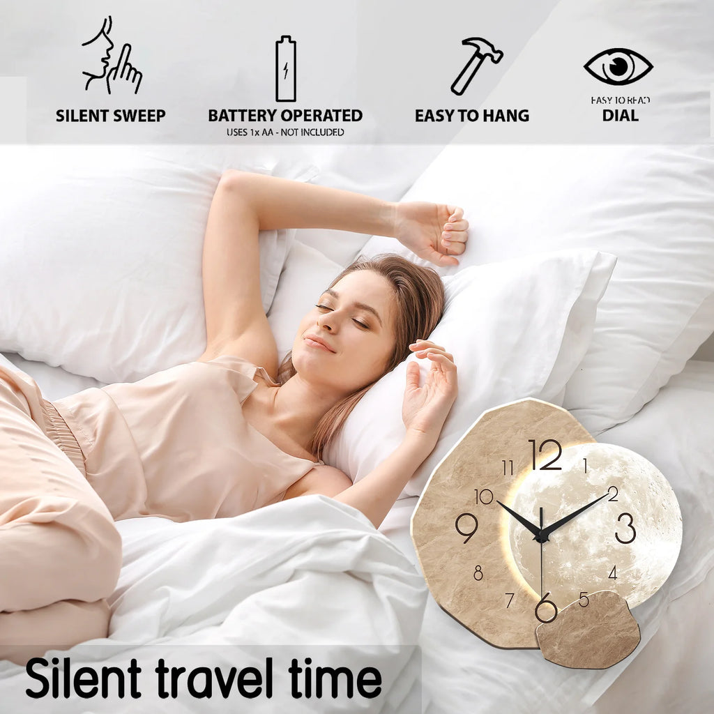 Horloge Murale Silencieuse Design Lune | Décorez & Restez à l'Heure Sans le Bruit du Tic-Tac